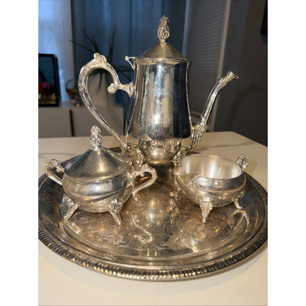Silverplate Victorian Tea & Coffee Set Tray Creamer Sugar Bowl Teapot